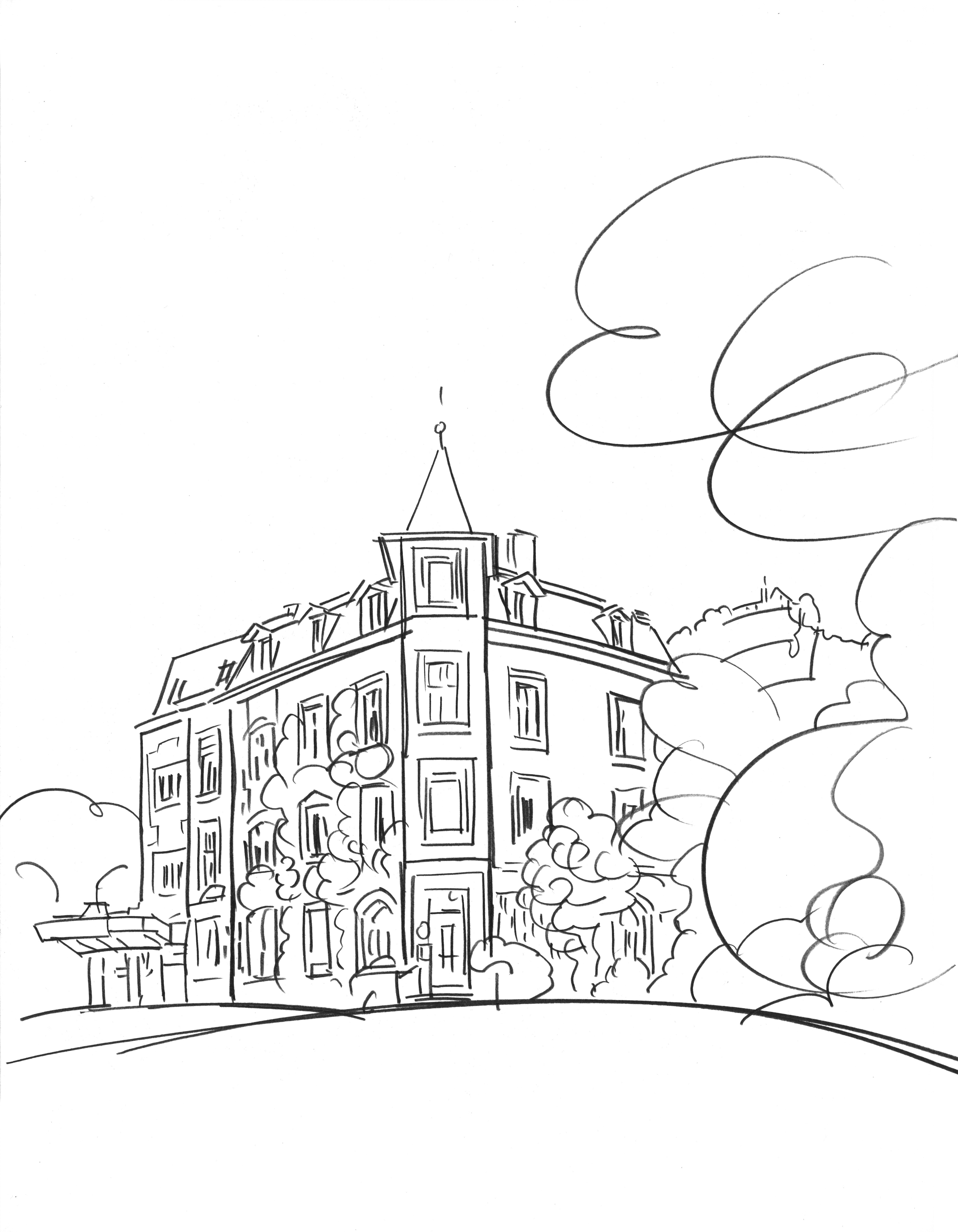 Zeichnung Hotel Schwärzler Außenansicht, Leissing